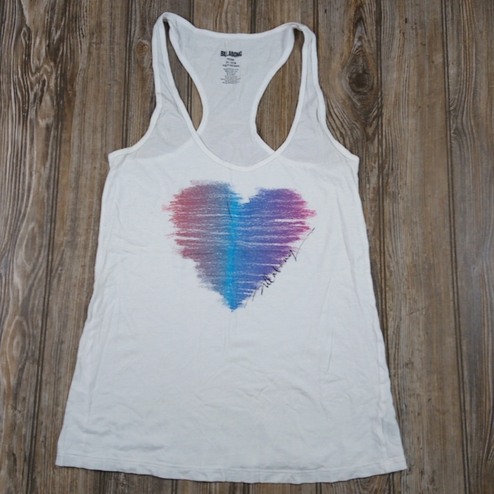 Billabong White Racerback Tank Top Colorful Rainbow Heart
